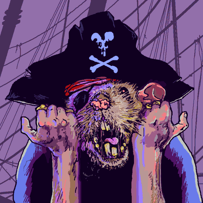 A dark, gritty illustration of a rat-like creature wearing a pirate hat with a skull and crossbones, baring its teeth on a pirate ship.