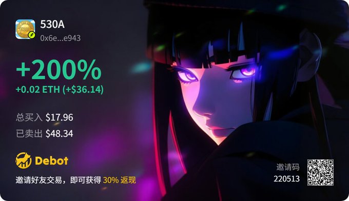 The image is a promotional card for "Debot" featuring a dark anime-style character with glowing purple eyes, highlighting a +200% gain on token "530A" from wallet address 0x6e...e943, showing total buys of $17.96 and sells of $48.34 with a +0.02 ETH (+$36.14) profit. It also displays an invitation code "220513" for a 30% rebate on referrals, tying into the post's mention of a quick ETH swap from the same wallet address to flip into a hat.