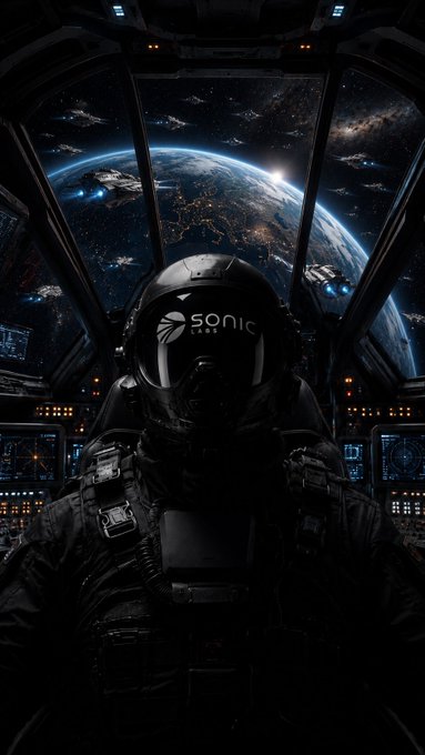 A sci-fi image of a pilot in a helmet with 'sonic labs' on the visor, sitting in a spacecraft cockpit with a view of Earth and surrounding spaceships.