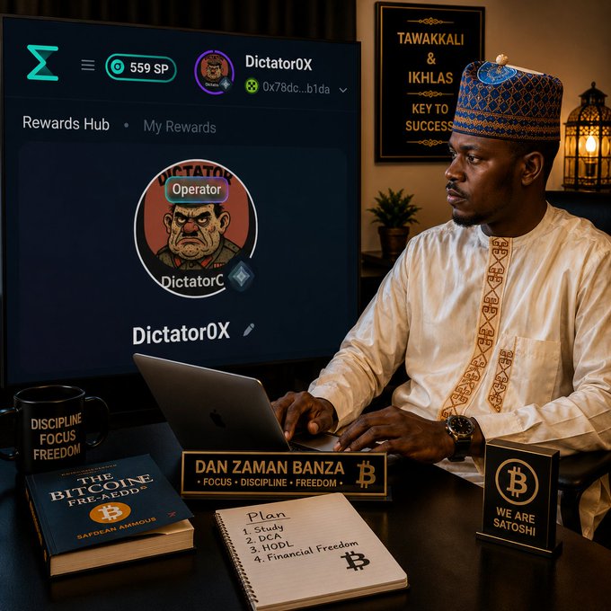 The image features an African man sitting at his desk with a laptop open in front of him. The desk also has several books, a cup, and a plant nearby. A TV screen can be seen behind the man as well. The scene suggests that he is working on a project or learning about cryptocurrency, possibly related to the crypto world.