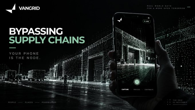A VanGrid advertisement promotes "BYPASSING SUPPLY CHAINS" with the tagline "YOUR PHONE IS THE NODE," showing a hand holding a smartphone capturing a digital wireframe view of a city street.