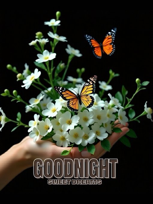 A hand cradling a bouquet of small white flowers with two orange and black monarch butterflies, overlaid with the text 'GOODNIGHT SWEET DREAMS' on a black background.