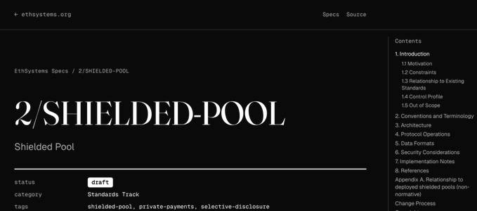 The image shows a webpage from EthSystems Specs displaying a draft specification titled "2/SHIELDED-POOL" (Shielded Pool), categorized under "Standards Track" with tags including "shielded-pool," "private-payments," and "selective-disclosure." The page outlines contents like Introduction, Conventions and Terminology, Protocol Operations, Security Considerations, and Implementation Notes, directly illustrating the post's announcement of launching specs.ethsystems.org with a shielded pool for confidential payments as their first specification.