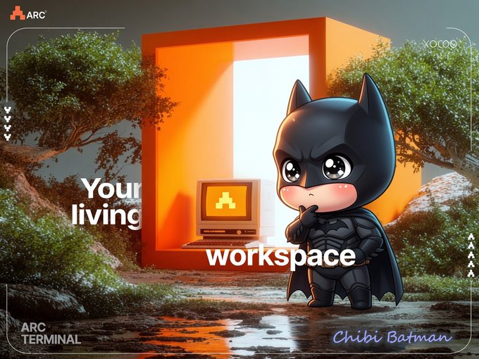 A promotional graphic for ARC Terminal featuring a chibi-style Batman character and a vintage computer with the text "Your living workspace" and "XOLO67".