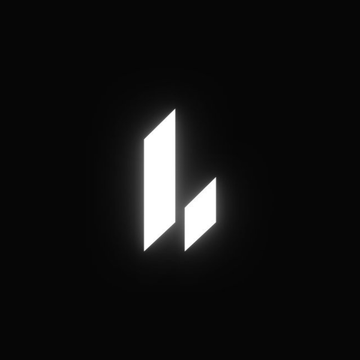 A minimalist white logo resembling a stylized letter 'h' or two geometric shapes glows against a solid black background.