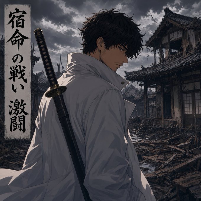 An anime-style illustration featuring a dark-haired male character in a white coat with a katana on his back, standing before a ruined temple under a cloudy sky. Japanese text reads '宿命の戦い 激闘' on a vertical banner to the left.