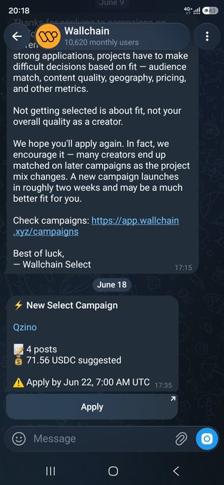 The image shows a screenshot of a text message conversation between two people, with one person typing out a message on their phone screen. The message appears to be about an offer from Wallchain, a cryptocurrency exchange platform. It reads: "I just received a message from Wallchain offering 70.56 USDC for your Twitter post. Apply now or risk losing this opportunity." This text is displayed in the bottom right corner of the image.