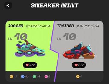The image shows a pair of sneakers displayed side by side, with one being purple and green while the other has red and orange colors. The sneakers are positioned next to each other, and there's text above them that reads "Sneaker Mint" and "trainer #10". The post also mentions a trainer shoe in the background.