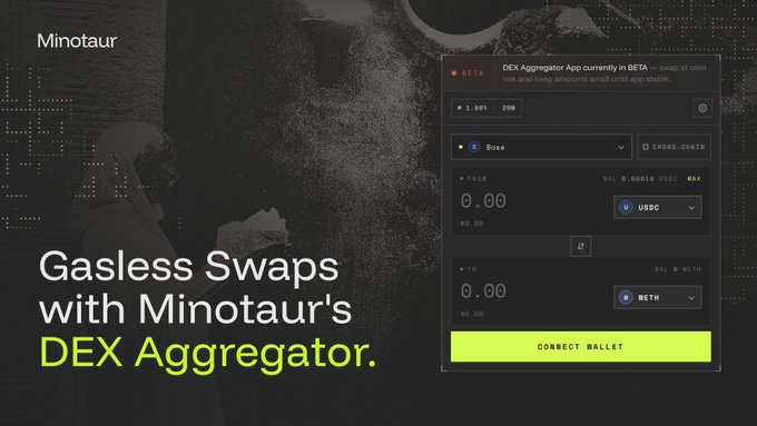 Promotional image for Minotaur's DEX Aggregator featuring the headline 'Gasless Swaps with Minotaur's DEX Aggregator' alongside a swap interface for USDC to ETH.