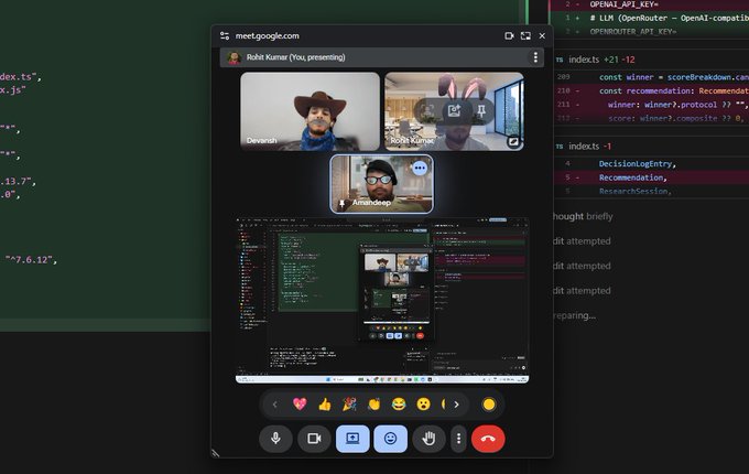 A Google Meet video call hosted by 'Rohit Kumar (You, presenting)' featuring participants including 'Devorah' (in a cowboy hat), 'Rohit Kumar', and 'Arshdeep' (in a beanie), shown over a background of code.