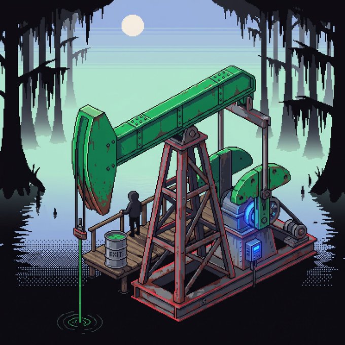 A pixel-art style illustration of a small hooded figure standing on a wooden platform next to a green and rust-colored oil pumpjack in a misty swamp setting, with a barrel labeled 'EWIT' beside them.