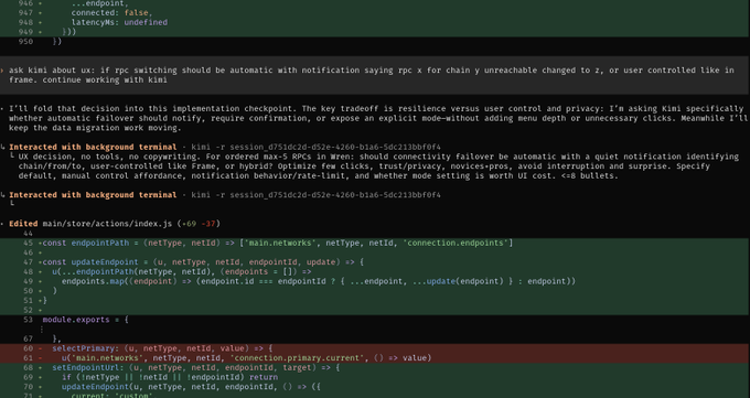 Screenshot of a code editor showing JavaScript/TypeScript code related to a 'kima' SDK, with a GitHub issue comment above discussing UX decisions for RPC switching notifications.