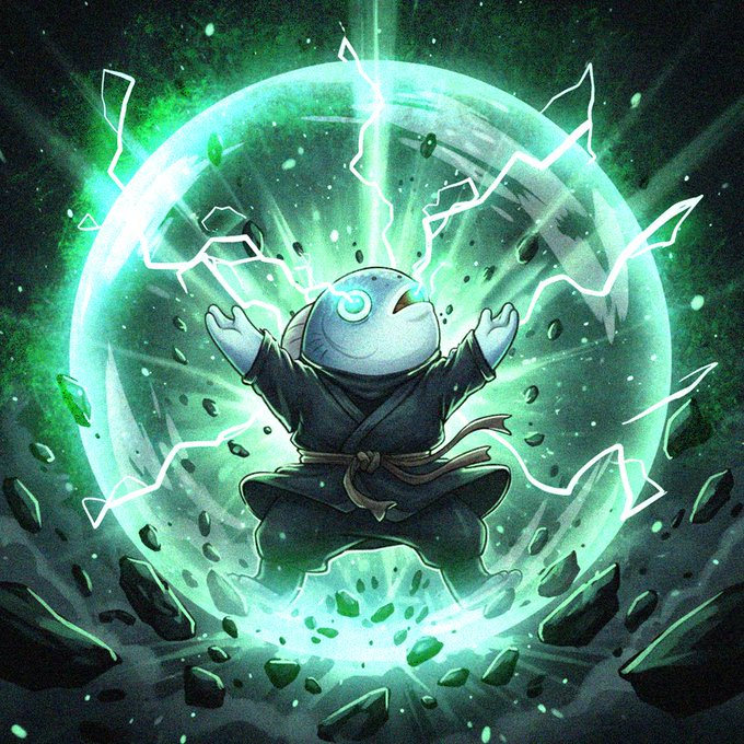 An illustrated character in a black robe meditates with arms raised as a bright green energy sphere with lightning bolts expands around them, breaking rocks outward.