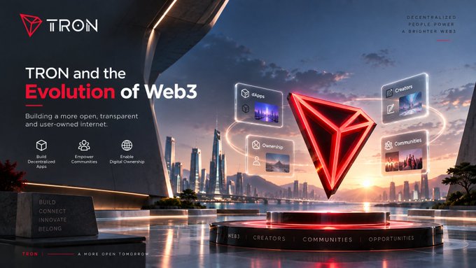 A TRON cryptocurrency promotional banner titled 'TRON and the Evolution of Web3' featuring a glowing red 3D TRON logo, with icons for dApps, Ownership, Creators, and Communities set against a futuristic cityscape at sunset.