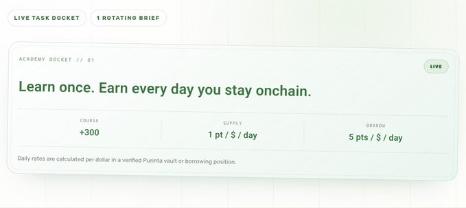 A promotional card for Purinta Academy's "Borrow Academy" highlights the program with a +300 course offering and earning rates of 1 pt/$ day for supplying and 5 pts/$ day for borrowing, visually reinforcing the post's announcement that users can now earn points by completing lessons on borrowing against memecoins.