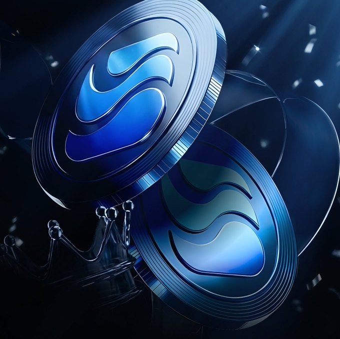 The image shows two blue coins with a wave design, floating above a crown. The coins are positioned at different heights, creating an interesting visual effect. The caption below the image provides information about the coins' connection to the omni-CDP protocol, which is known for its efficiency in synchronizing states across blockchains. This technical foundation could potentially influence how future stablecoin projects approach interoperability and gas management.