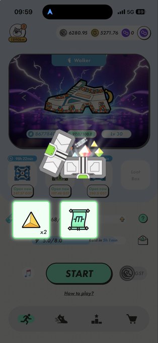 A screenshot of a mobile walking game app showing a 'Walker' screen with sneakers, level 30, and a pop-up in the center; the bottom shows 68 units of a pyramid icon and a green start button.