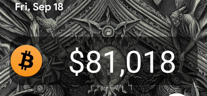 A graphic showing Bitcoin (₿) priced at $81,018 on Friday, September 18, displayed over a dark, ornate carved background featuring a heart, bats, and a monkey.
