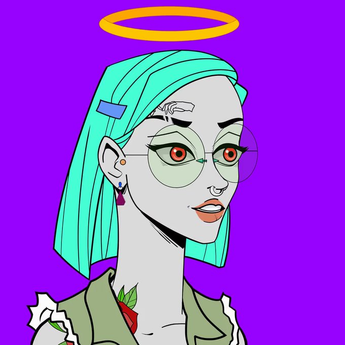 A digital illustration of a female character with pale gray skin, teal hair, red eyes, glasses, a nose ring, and a golden halo above her head, set against a purple background.