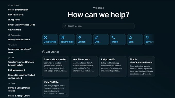 A dark-themed help center interface titled 'Welcome - How can we help?' with a search bar and category tiles including 'Get Started', 'Tokenomics', 'Launch', 'Own', 'Trade', 'Earn', and 'Buyout'.