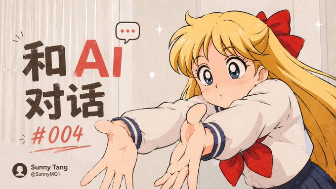 An anime-style illustration of a blonde girl in a sailor uniform reaching out, with the text '和AI对话 #004' (Conversation with AI #004) and the creator credit 'Sunny Tang @SunnyMQ1'.