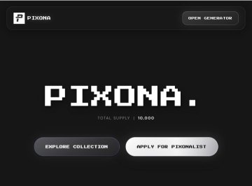 The image features a black background with white text, including the word "PIXona" written in a block font at the top of the screen. Below this, there are two gray buttons labeled "Explore collection" and "Apply for Pixona NFT", both appearing to be part of an open online auction or event related to the Pixona project. The image also contains some text providing more information about the Pixona organization, such as its name being "Pixona".