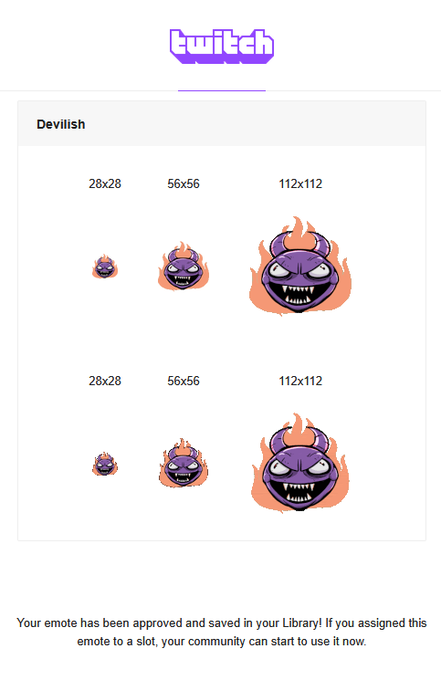 A Twitch emote approval notification showing a purple demon-like character called 'Devilish' in three sizes (28x28, 56x56, 112x112) with the message 'Your emote has been approved and saved in your Library!'
