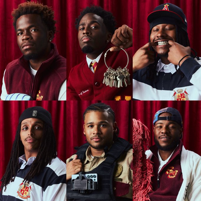 A collage of six young men posing against red curtain backdrops, with several wearing Manchester United-branded apparel and one holding a large ring of keys. The "AMP x SU" caption suggests a collaboration between the AMP music collective and a Special Unit (SU) — likely referencing a partnership between the Atlanta rap group and a military or institutional unit, with the keys symbolizing authority or access.