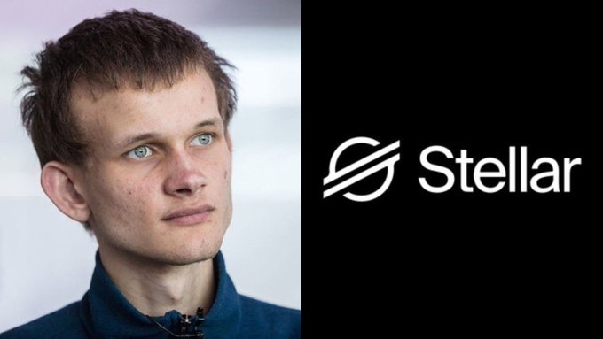 A split image showing a portrait of Vitalik Buterin on the left and the Stellar cryptocurrency logo on the right against a black background.