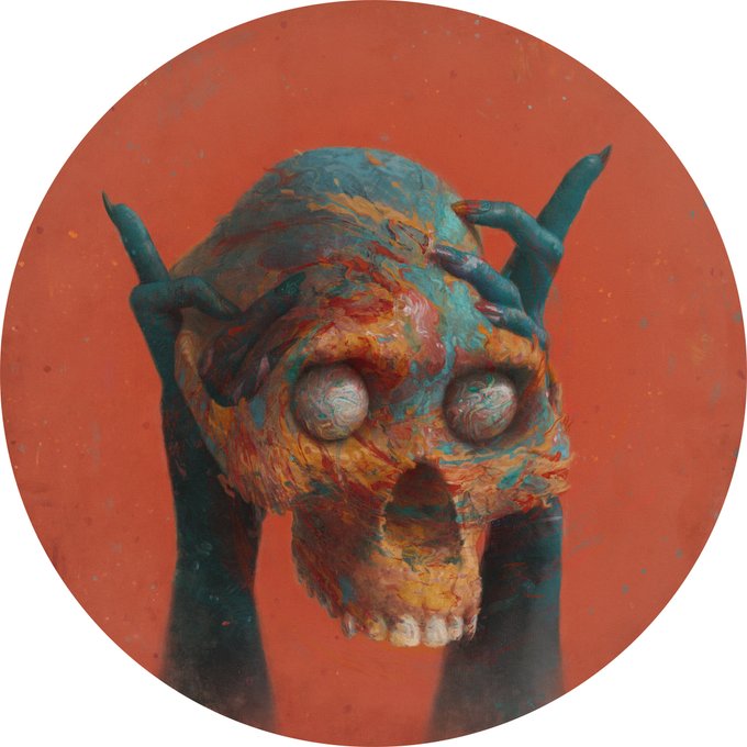 A textured, painted skull with bulging eyeballs is held by dark, claw-like hands against a rust-orange circular background. The surreal, visceral artwork visually embodies the haunting, unsettling tone of Sam Spratt's "Momentum is the Cipher," with its decaying imagery and eerie composition reinforcing the piece's introspective and mysterious mood.