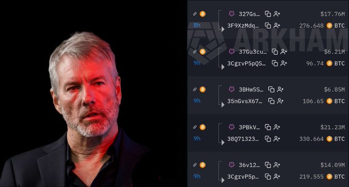 The image shows Michael Saylor, founder of MicroStrategy, alongside a screenshot of large Bitcoin transactions (ranging from $6.21M to $21.23M, totaling several hundred BTC), supporting the claim that Saylor's selling activity signals an imminent Bitcoin price pump.