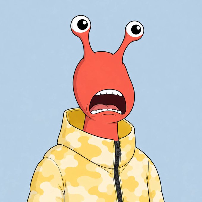 A cartoon illustration of a red alien-like creature with bulging eyes and an open, screaming mouth, wearing a yellow camouflage hoodie against a light blue background—capturing the shocked reaction of fans to the collection selling out, with a reveal scheduled in 24 hours.