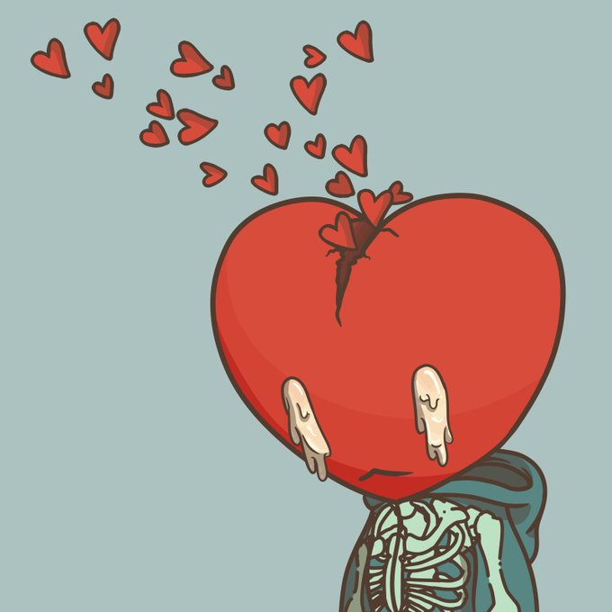 Surreal cartoon illustration of a red heart with a cracked top, crying, and bleeding smaller hearts upward, while wearing a hoodie with an exposed skeletal ribcage.