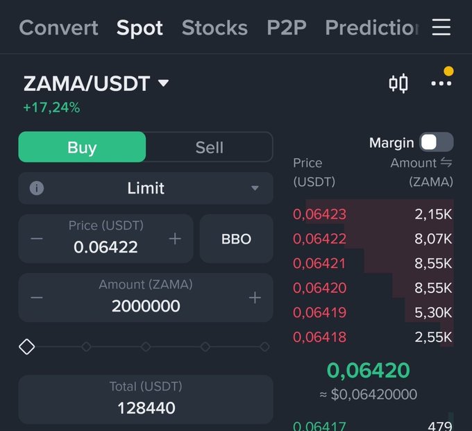 A cryptocurrency trading interface showing ZAMA/USDT trading pair with a +17.24% gain, displaying buy/sell options, price of 0.06422 USDT, and order book details.