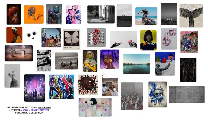 A collage of 30 diverse artworks collected on Dribbble by user "INFINITY104" for the OXMOQ Collection, featuring portraits, abstract designs, landscapes, and figurative illustrations in varying styles and color palettes. The text at the bottom left reads "ARTWORKS COLLECTED ON DRIBB.COM BY INTERN #104 - REMIXBYPHOTOS FOR OXMOQ COLLECTION," supporting the post's reference to a curated weekly selection of creative works.