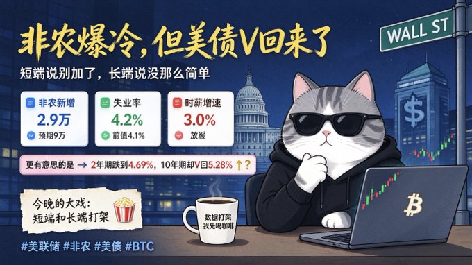 The image is a Chinese-language financial graphic featuring a cool cat wearing sunglasses at a laptop, with key nonfarm payrolls data highlighted: 2.9万 new jobs (vs. 9万 expected), 4.2% unemployment, and 3.0% wage growth, alongside a Wall St sign and references to rising 2-year and 10-year Treasury yields—visually reinforcing the post's point about a surprisingly weak jobs report and bond market reaction.
