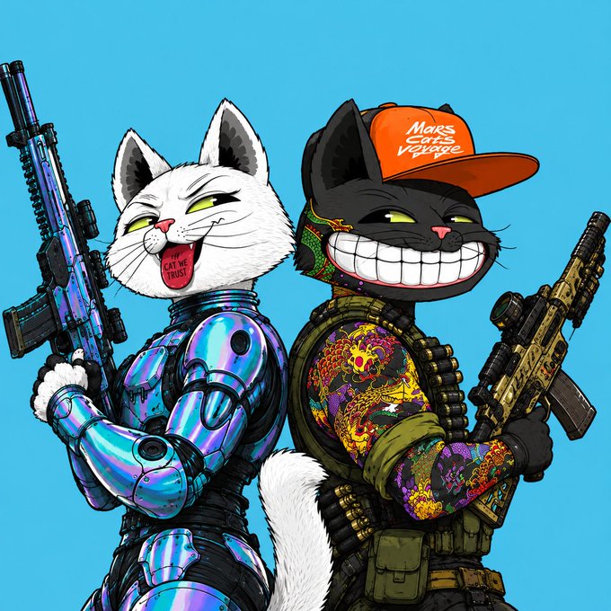 Two anthropomorphic cats are depicted as armed characters against a blue background; one wears futuristic armor and says 'CAN WE TRUST?', while the other wears a colorful tactical vest and an orange cap reading 'MARS CATS VILLAGE'.