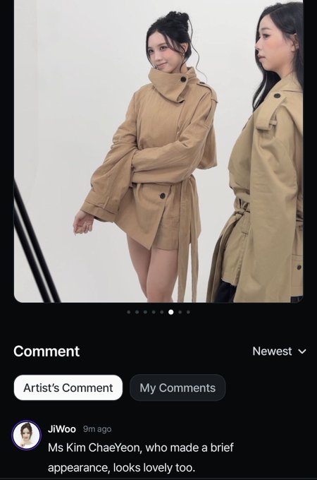 A social media post showing a woman in a tan jacket with the artist's comment 'JiWoo 9m ago: Ms Kim ChaeYeon, who made a brief appearance, looks lovely too.'