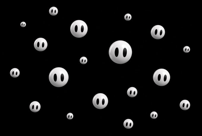 A black background scattered with multiple 3D-rendered white spheres featuring simple oval eyes, floating at various sizes.