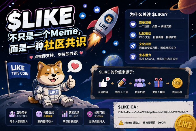 A promotional graphic for the meme coin '$LIKE' featuring a dog astronaut on the moon with a rocket, explaining that it's a community consensus on Solana, complete with a contract address and Chinese text.