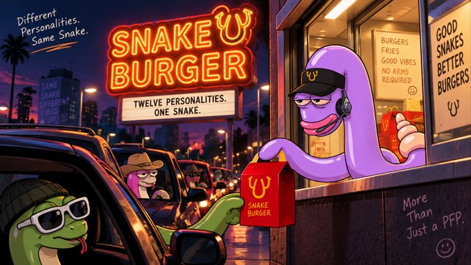 A colorful digital illustration for 'Snake Burger' featuring various snake characters, with text reading 'Different Personalities. Same Snake.' and 'TWELVE PERSONALITIES. ONE SNAKE.'