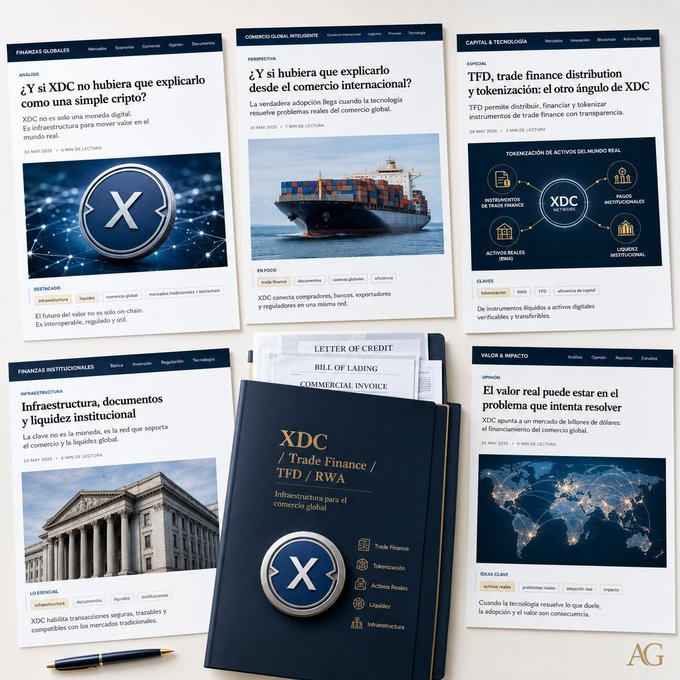 A promotional layout for XDC blockchain technology featuring articles on trade finance, TFD distribution, tokenization, and RWA infrastructure, with a central book titled 'XDC / Trade Finance / TFD / RWA' displaying a physical coin and documents like Letter of Credit and Bill of Lading.