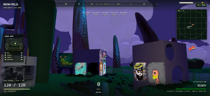 A first-person shooter video game screenshot set in 'IRON FIELD' with a purple alien landscape, featuring blocky structures with meme-style graffiti and a tactical HUD.