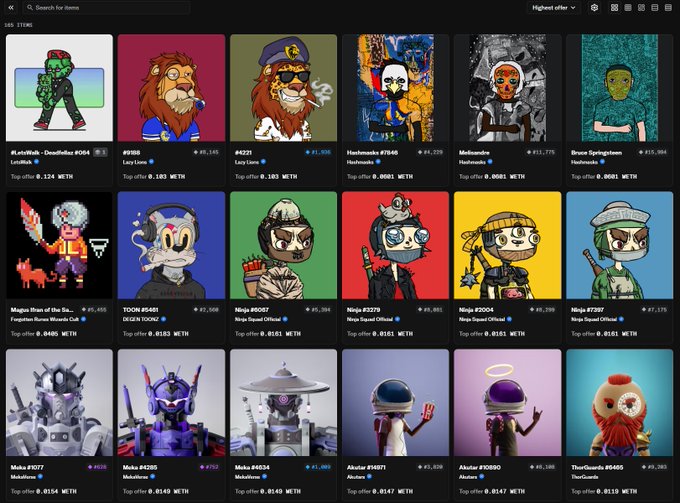 An NFT marketplace gallery displaying various character profile picture collections like 'Lazy Lions', 'Hashmasks', 'ToadSquad', and 'The Meebits' with their top offer prices in ETH.