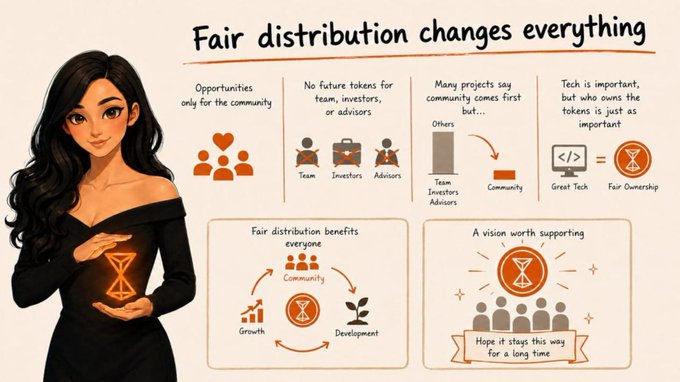 An infographic titled 'Fair distribution changes everything' featuring a cartoon woman holding an hourglass, illustrating crypto token distribution concepts including community, team, investors, and advisors.