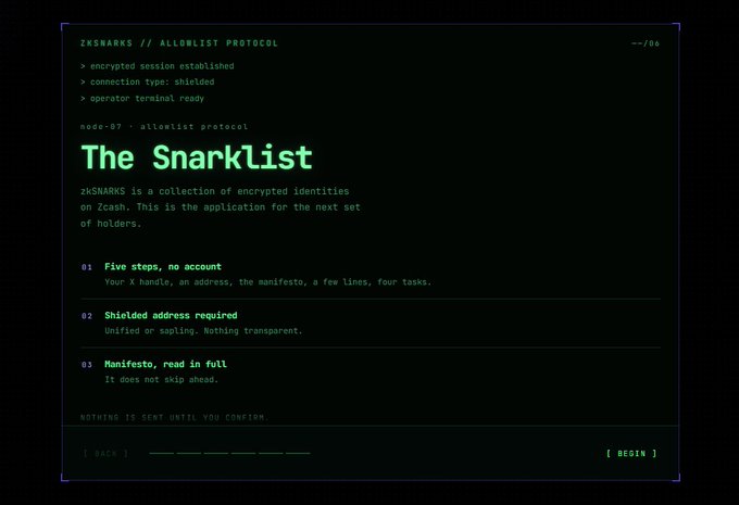 A dark-themed terminal interface for 'The Snarklist' by zkSNARKS allowlist protocol, displaying encrypted session establishment and a three-step process for joining, with 'Nothing is sent until you confirm.' disclaimer.