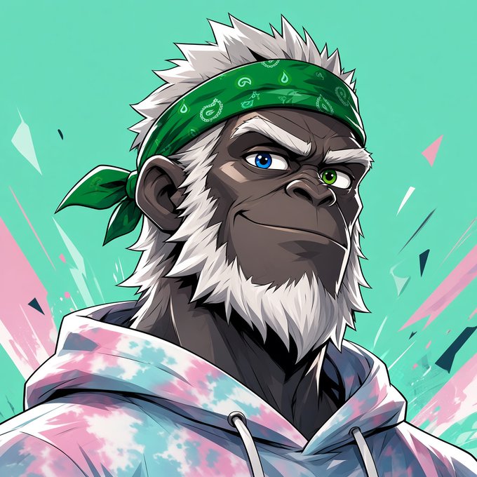 An anime-style illustration of a rugged gorilla-like character with white hair, a green bandana, and heterochromatic eyes, wearing a pink and blue tie-dye hoodie.