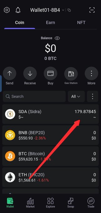 A cryptocurrency wallet interface displays a balance of $0 (0 BTC) for "Wallet01-8B4," with SDA (Sidra) tokens showing a balance of 179.87845, along with other tokens like BNB, BTC, and ETH. The image likely illustrates a user waiting for their Sidra (SDA) tokens to be returned to their external wallet, aligning with the post's message about delayed token transfers from Wallets 2 and 3.
