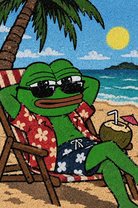 A cartoon illustration of a green frog character wearing sunglasses, a red Hawaiian shirt, and blue swim trunks, relaxing on a beach chair with a coconut drink beside a palm tree.