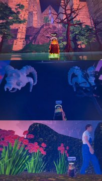 Three video game screenshots show LEGO-style characters exploring a stone fort, a dark cave environment, and a character walking past flowers in a colorful landscape.